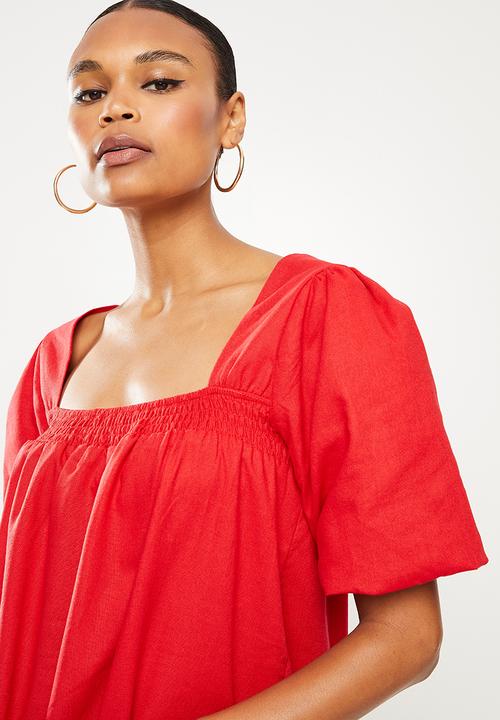Missguided - Shirred puff sleeve mini dress - red