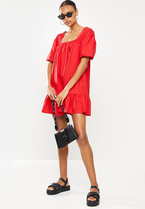 Missguided - Shirred puff sleeve mini dress - red