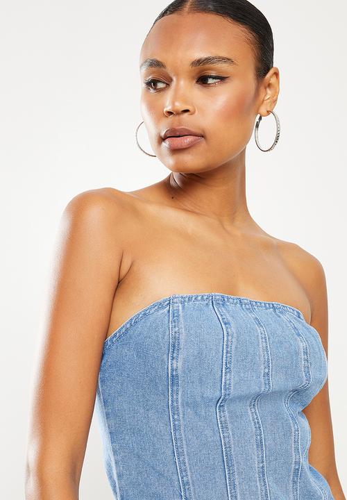 Missguided - Split hem contoured seamed denim dress - light blue