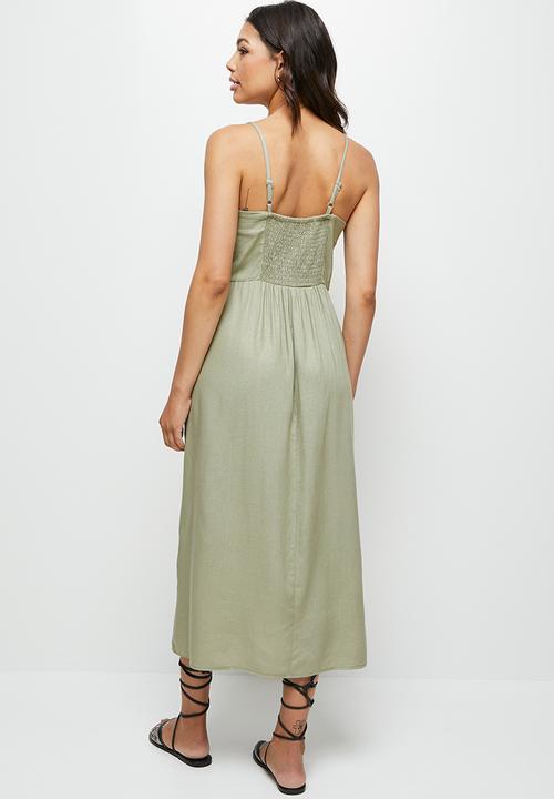 edit - Linen button strappy maxi - light sage