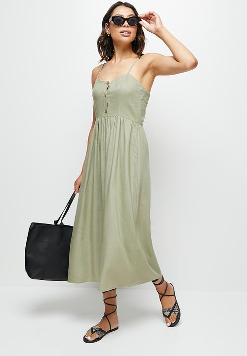edit - Linen button strappy maxi - light sage