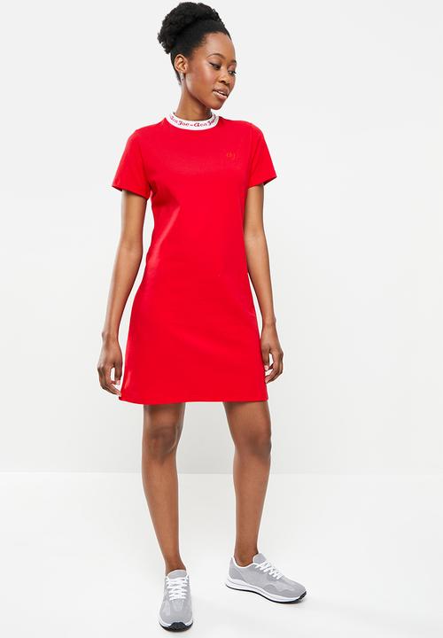 Ladies aca joe jacquard rib crew neck t-shirt dress - red