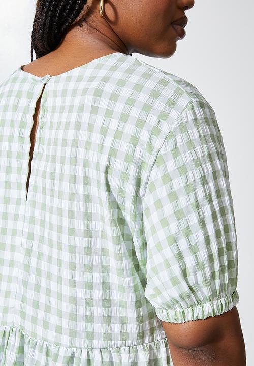 Superbalist - Woven gingham ruffle dress - green & white