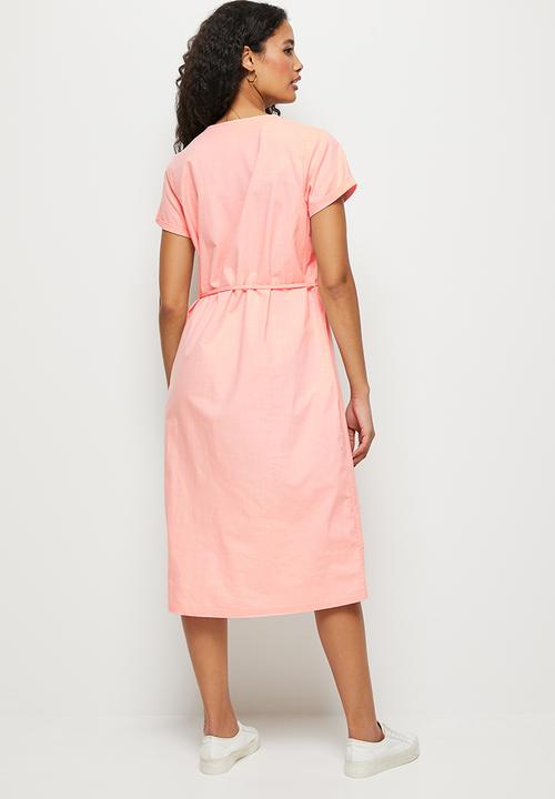 edit - Roll sleeve cotton fit & flare midi - pink