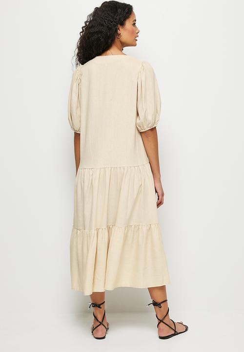 edit - Linen puff sleeve tiered midaxi - stone