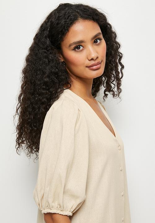 edit - Linen puff sleeve tiered midaxi - stone