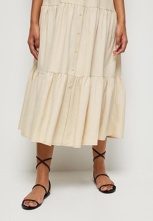 edit - Linen puff sleeve tiered midaxi - stone