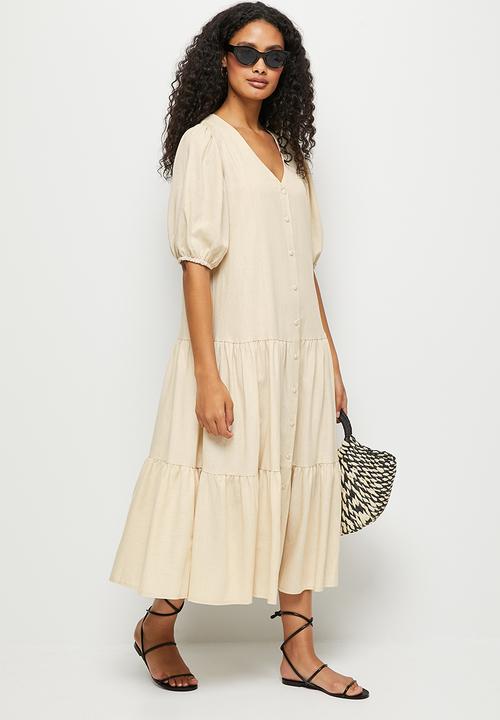 edit - Linen puff sleeve tiered midaxi - stone