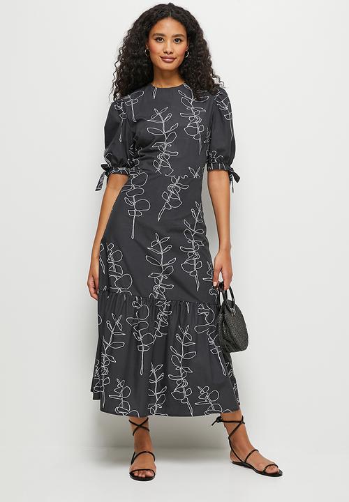 edit - Poplin tie sleeve tiered midi - black 