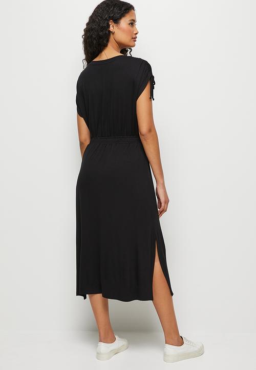 edit - Ruched shoulder knit fit & flare midi - black