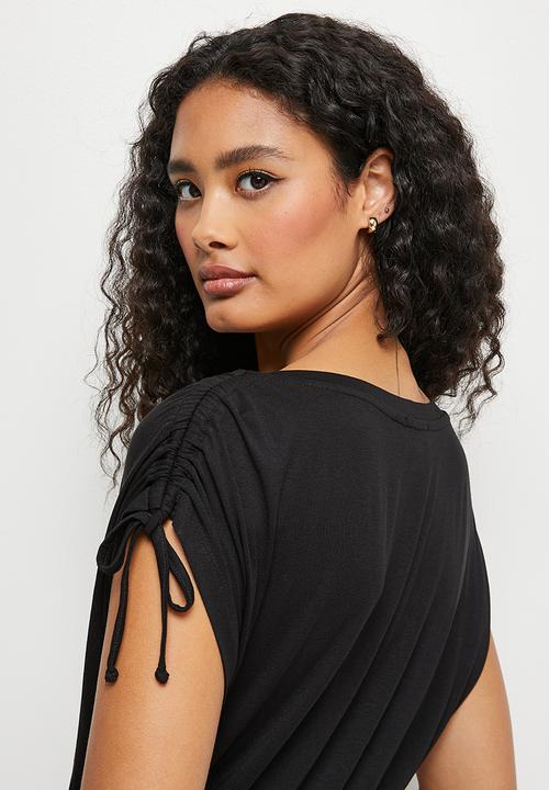 edit - Ruched shoulder knit fit & flare midi - black
