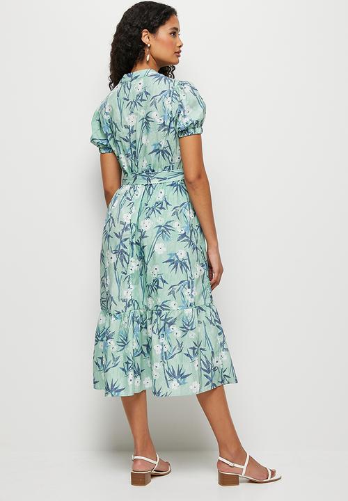 edit - Short sleeve cotton tiered shirt dress - sage 
