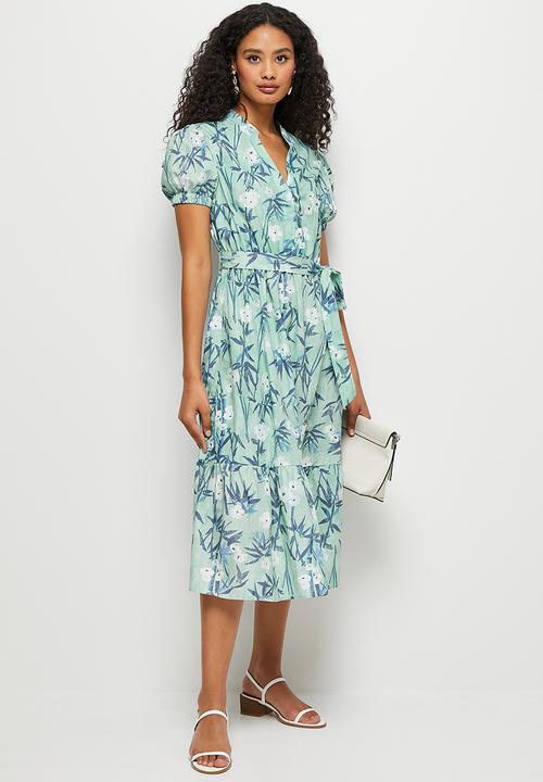 edit - Short sleeve cotton tiered shirt dress - sage 