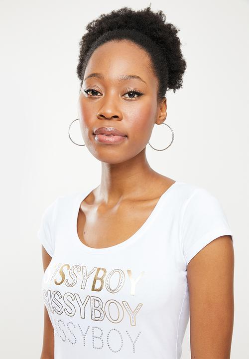 SISSY BOY - Basic round neck fitted top with cap sleeves and mixed foil print and bling logo - white