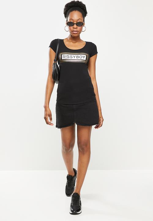SISSY BOY - Basic round neck fitted top with cap sleeves and mixed foil print and bling logo - black