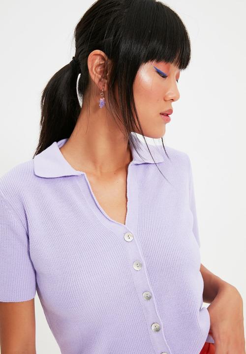 Trendyol - Polo collar crop knit t-shirt - lilac
