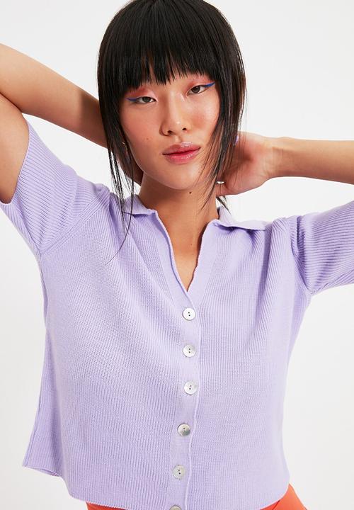Trendyol - Polo collar crop knit t-shirt - lilac