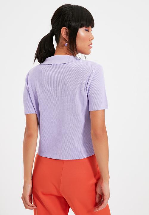 Trendyol - Polo collar crop knit t-shirt - lilac