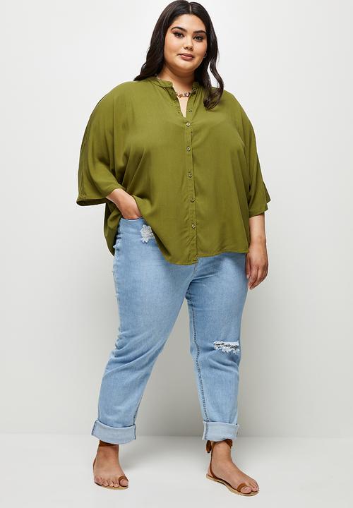 edit Plus - Mandarin boxy soft shirt - dark olive