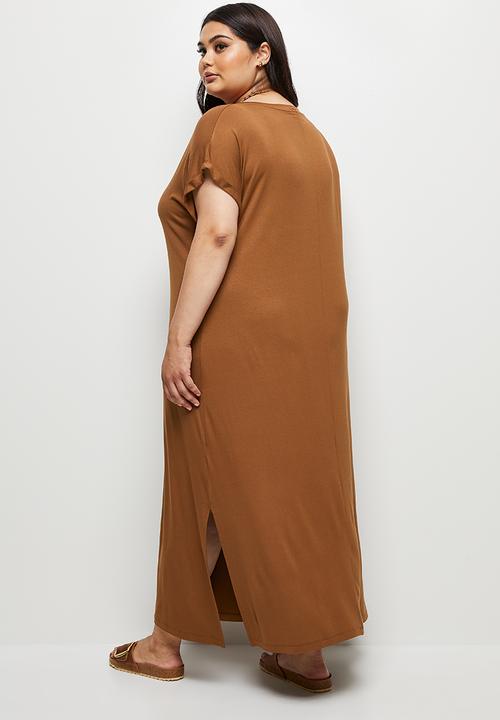 edit Plus - V-neck knit column maxi dress - tobacco