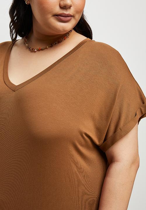 edit Plus - V-neck knit column maxi dress - tobacco