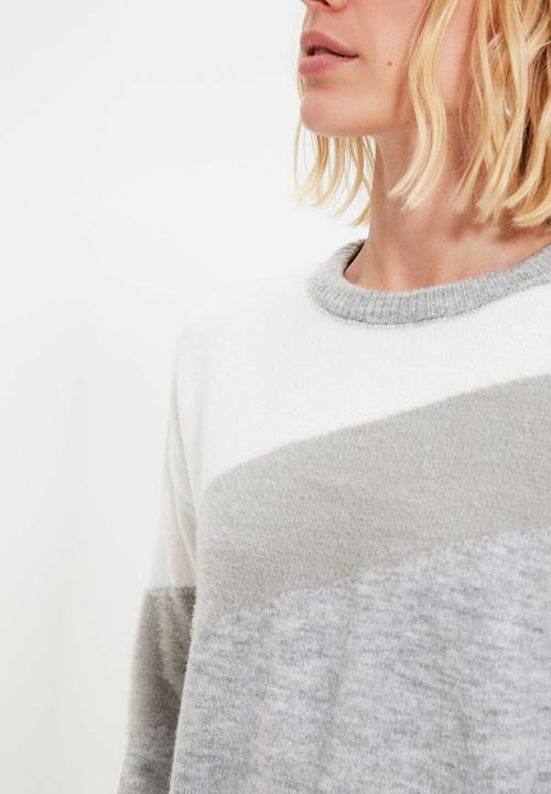 Trendyol - Striped crew neck knit sweater - grey