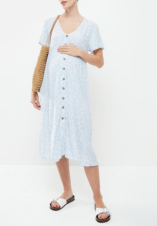 Cotton On - Maternity woven button front short sleeve midi dress - didi ditsy new wave blue