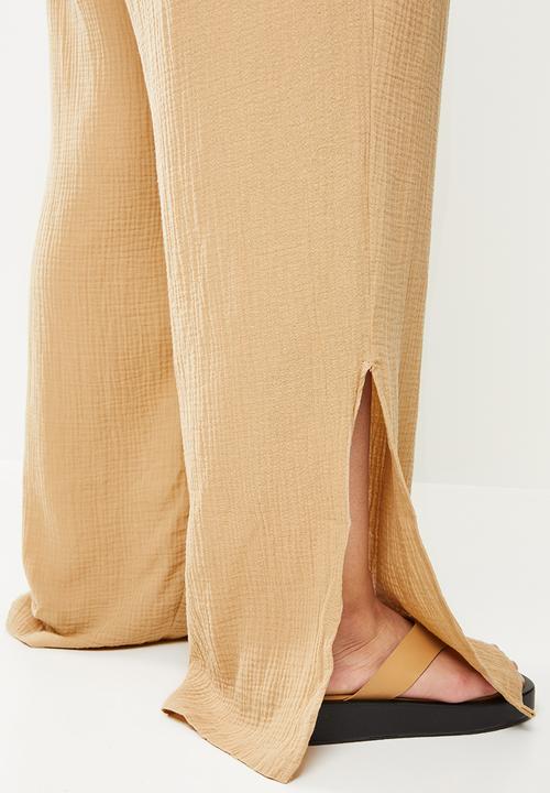 Cotton On - Curve woven tie waist wide leg pant - brown taupe