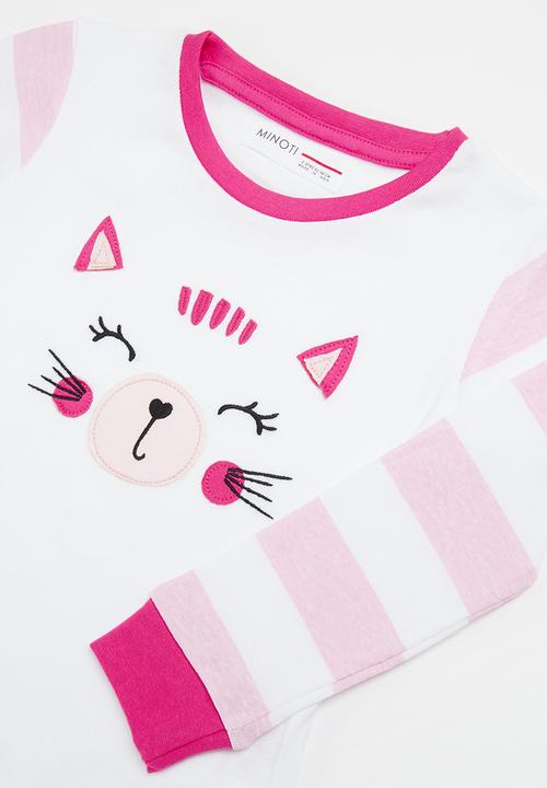 MINOTI - 2 piece girls cat face striped pyjama set - pink 
