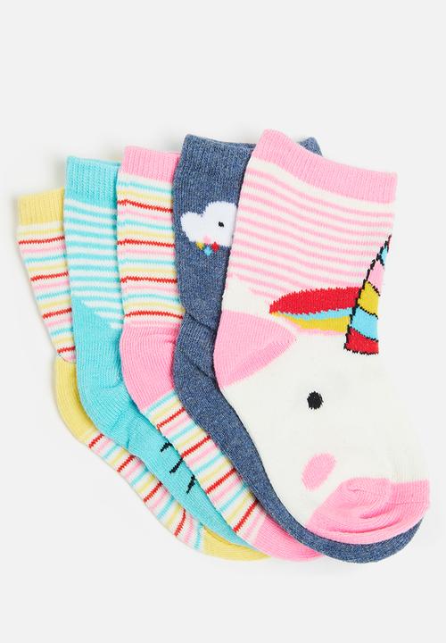 MINOTI - Girls 5pk unicorn stripe socks - multi 
