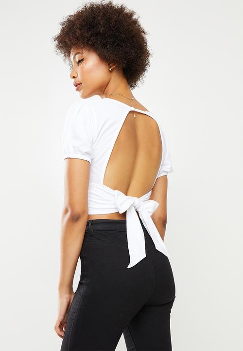 Missguided - Puff sleeve open tie back crop - white