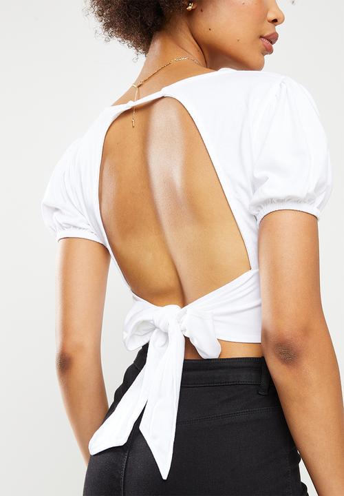 Missguided - Puff sleeve open tie back crop - white