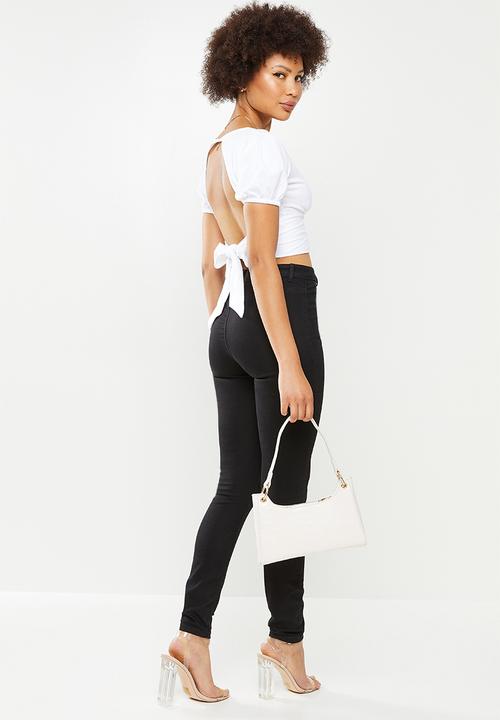 Missguided - Puff sleeve open tie back crop - white
