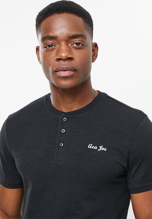 Aca Joe - Grandpa collar flock print henley - black