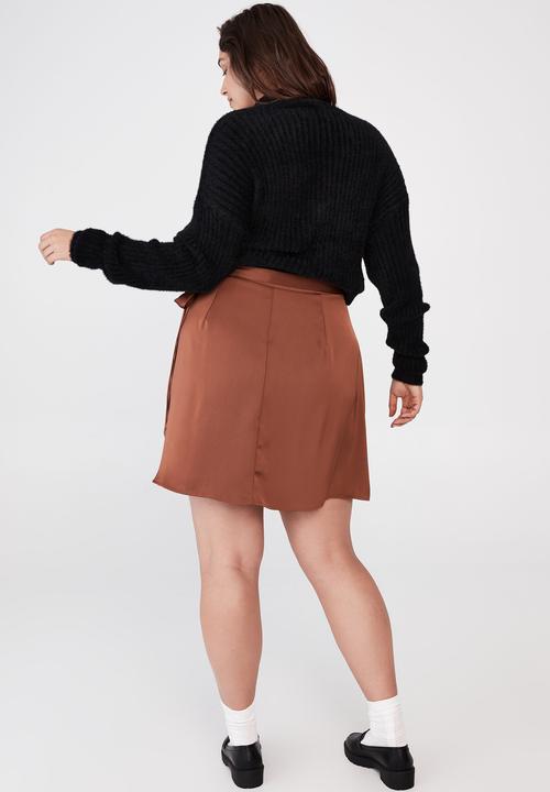 Cotton On - Curve woven santorini satin wrap mini skirt - vintage brown