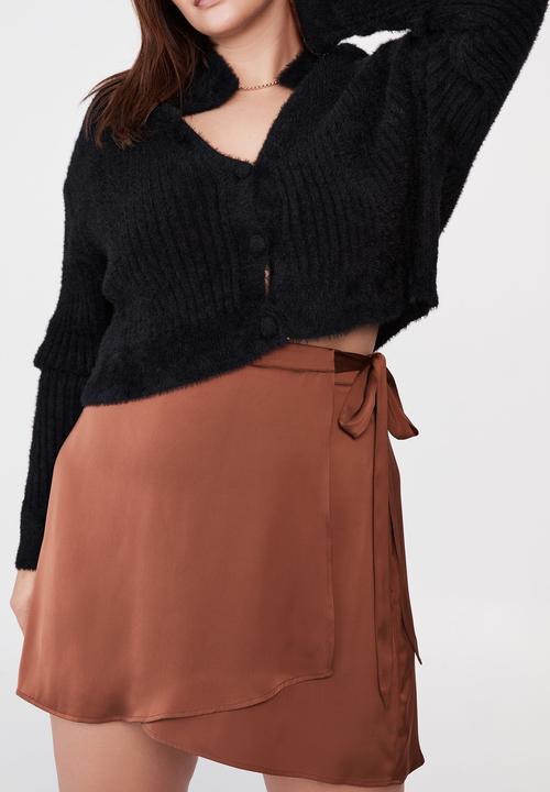 Cotton On - Curve woven santorini satin wrap mini skirt - vintage brown