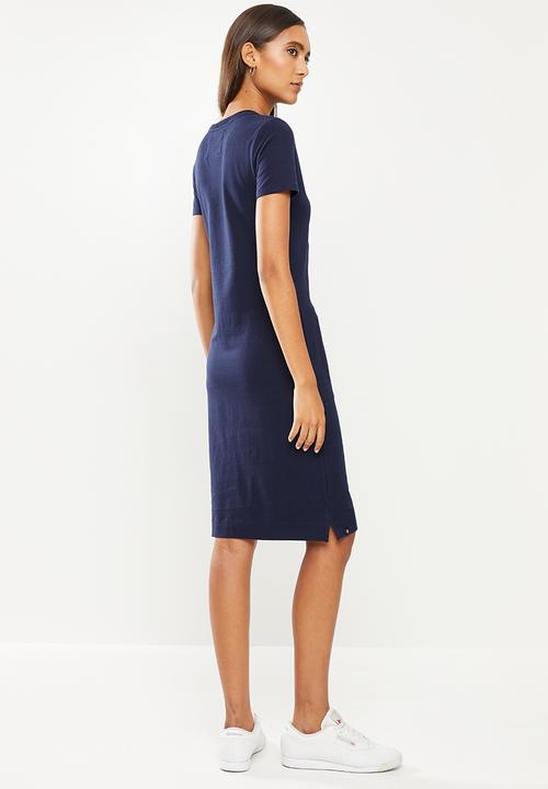 Aca Joe - Ladies aca joe crew neck embroidery & pocket dress - navy