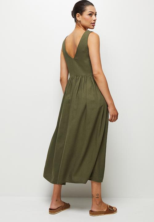 edit - Pocket detail Linen Midi dress  - khaki