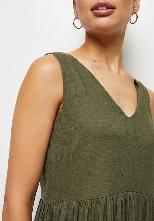 edit - Pocket detail Linen Midi dress  - khaki