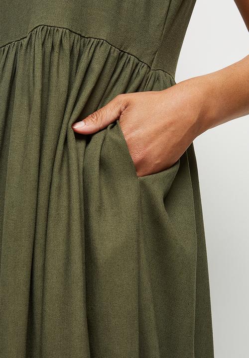 edit - Pocket detail Linen Midi dress  - khaki