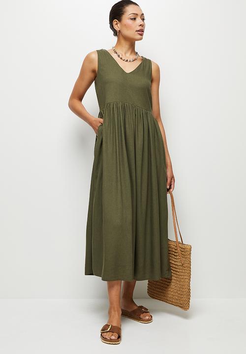 edit - Pocket detail Linen Midi dress  - khaki