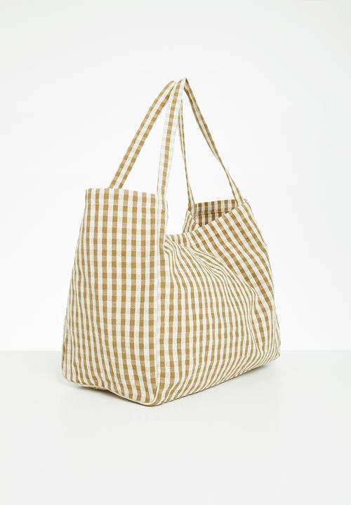 MANGO - Gingham-check fabric shopper bag - mustard