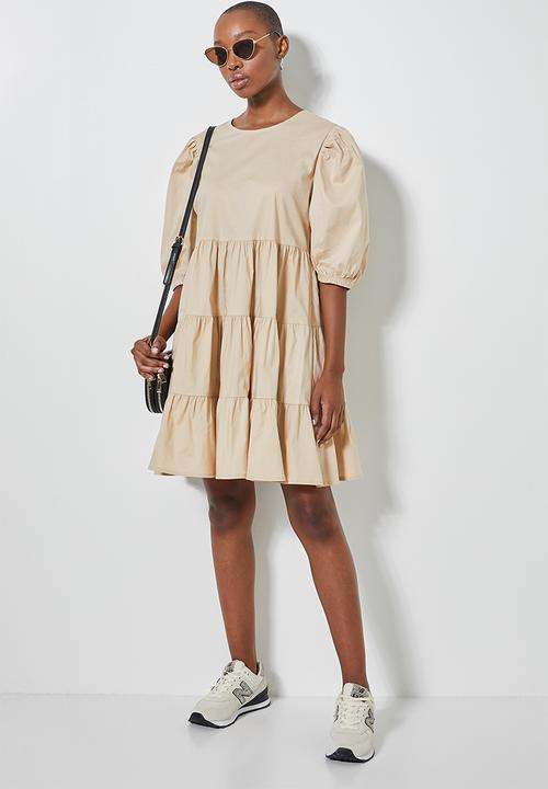 Superbalist - Poplin tiered volume mini dress - stone