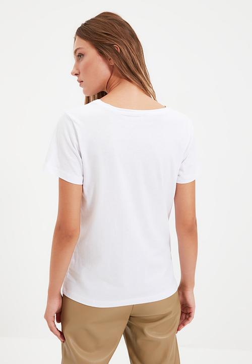 Trendyol - V-neck basic 100% cotton t-shirt - white