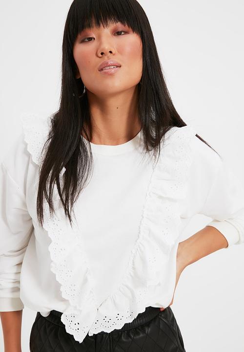 Trendyol - Ruffle detailed basic knitted sweatshirt - ecru