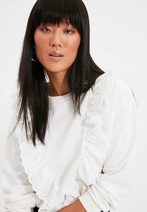 Trendyol - Ruffle detailed basic knitted sweatshirt - ecru