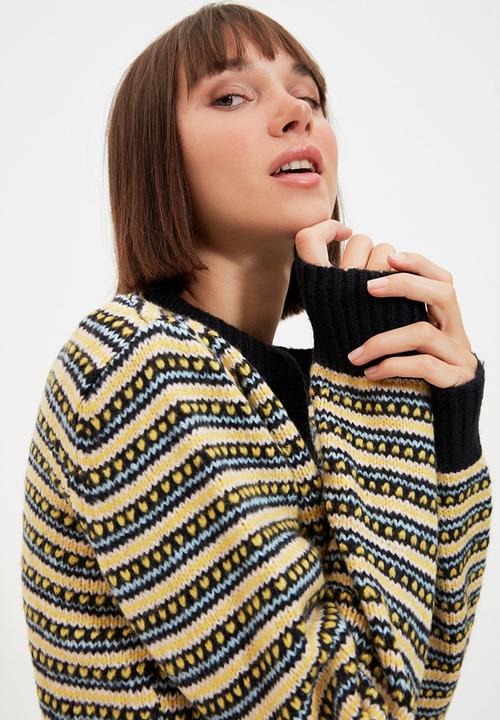 Trendyol - Button detailed striped knit cardigan - navy & yellow 