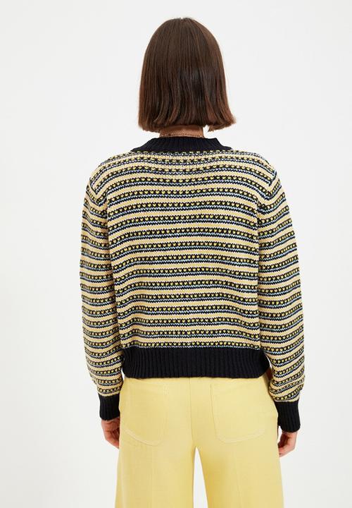 Trendyol - Button detailed striped knit cardigan - navy & yellow 