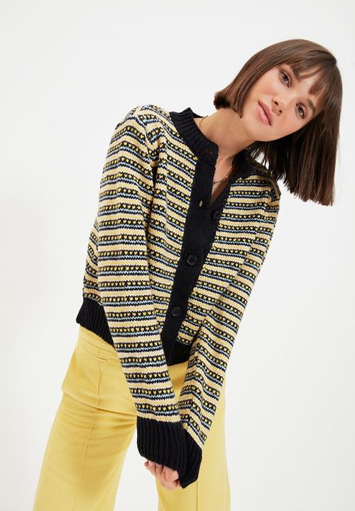 Trendyol - Button detailed striped knit cardigan - navy & yellow 