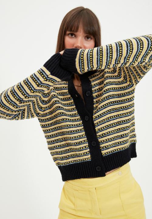 Trendyol - Button detailed striped knit cardigan - navy & yellow 